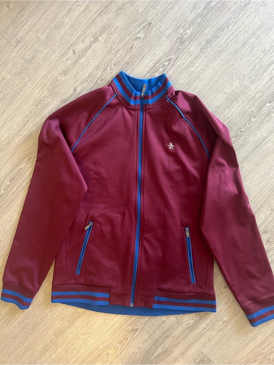 Original Penguin Other - Original Penguin Burgundy Bomber Jacket | Men’s Zip-Up Jacket with Blue Trim